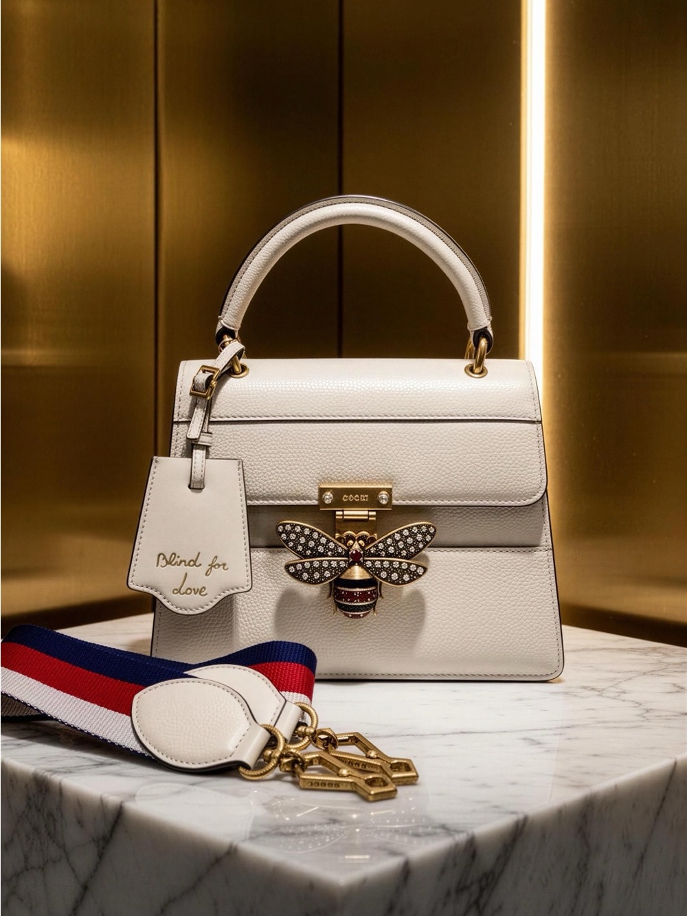Gucci Queen Margaret Bee White Leather Top-Handle Crossbody Bag